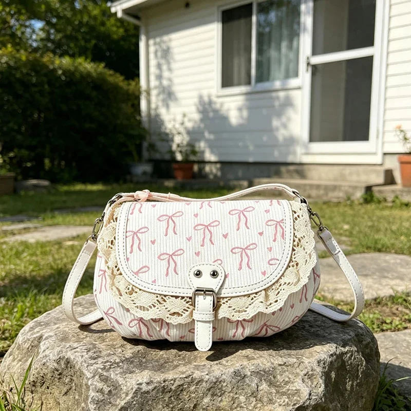 Cute Bow Print Shoulder Bag Stylish Lace-trimmed Flap Messenger Bag Women's Pink Sweet Crossbody Bag Korean Underarm Bag