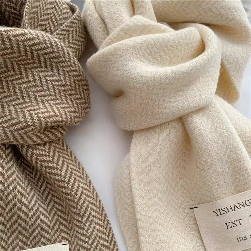 Women\'s Korean Fashion Winter Scarves High Quality Knitted Scarf Vintage Stripe Pattern Scarves Winter Outdoor Warm Scarves New