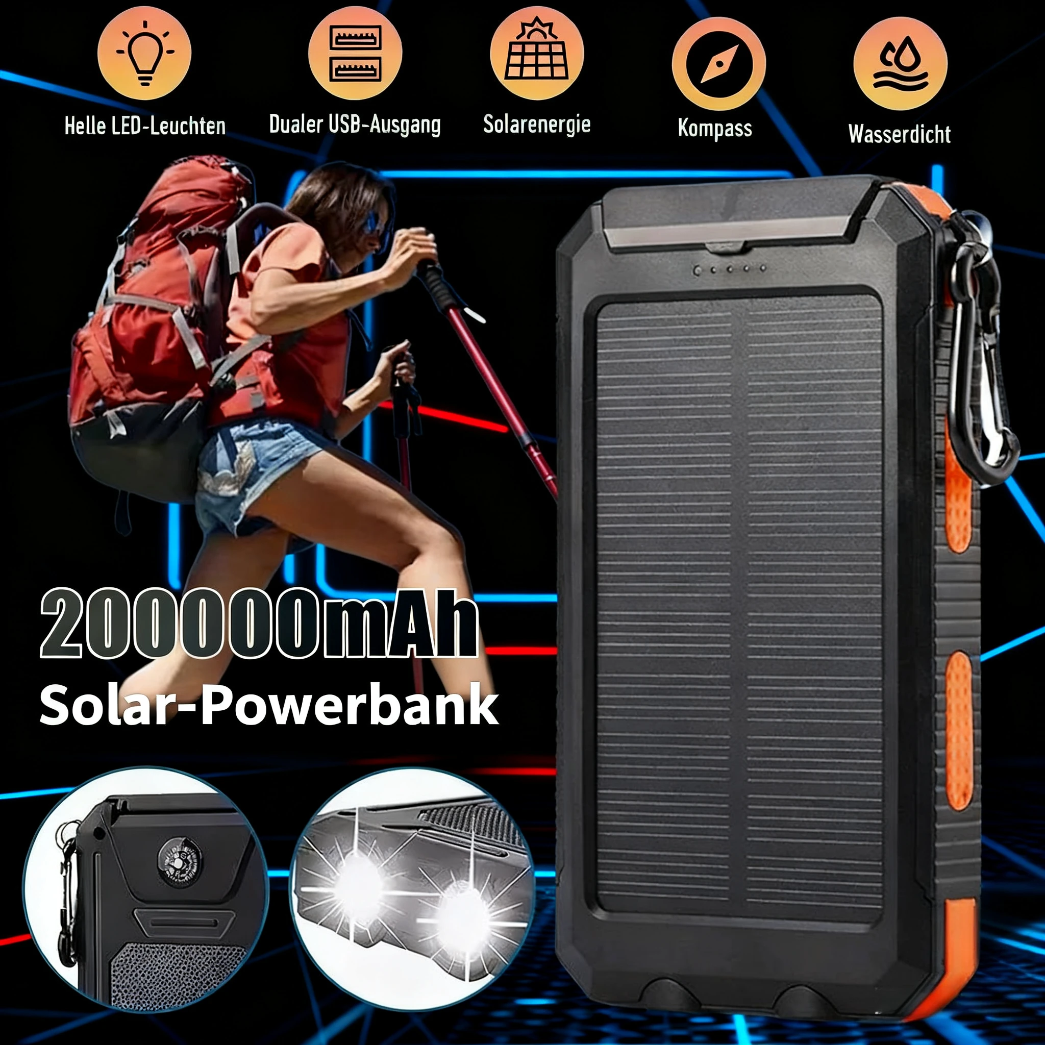 

Solar Power Bank Waterproof 200000mAh Large Capacity Portable Powerbank External Spare Battery W/ SOS for IPhone Samsung phone