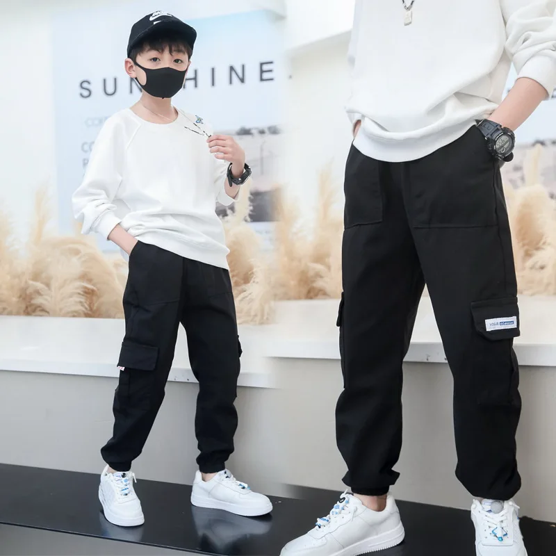 Boys Pants Boys Harem Pants Solid Cargo Pants Teenage Boy Multi-Pocket Trousers Kids Spring Autumn Boys Casual Pants Streetwear