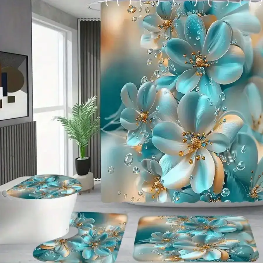 4 Pcs Elegant Blue And White Floral Printed Shower Curtain, Apartment Bathroom Shower Curtain Set, Hotel Bathroom Curtain