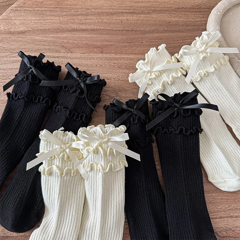 Korean Fashion Lace Lolita Calf Sock for Kids Girl Beige Black Color Ruffle Bow Children Calf Sock Spring Autumn Cotton Sock