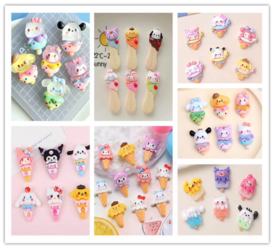 Kawaii KT Cat Sanrio Sorvete Resina Flatback Cabochão, DIY Artesanato Materiais, Criança Artesanal Jóias Encantos Acessórios, 100Pcs