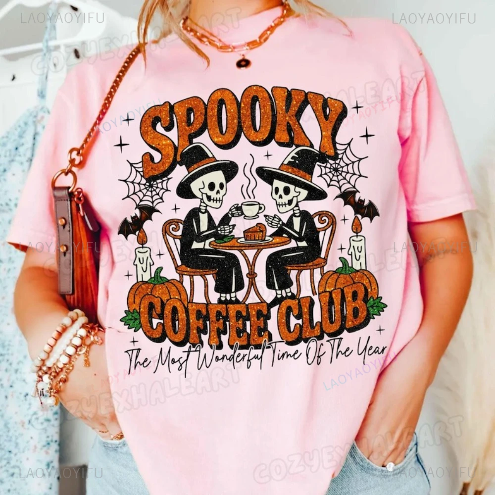 Glitter Spooky Coffee Club Halloween The Masf Wonderful Time Ot The Year Orange Pumpkin T-shirt Woman Man 2025 Festival Tshirts view 2