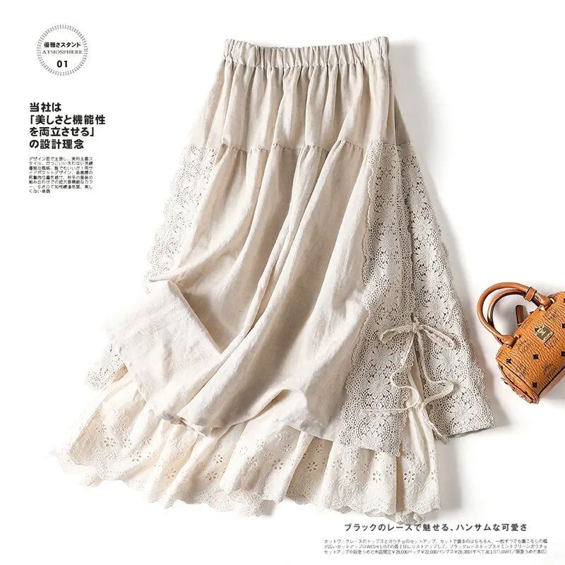 Japanese Vintage Aesthetic Cotton Linen Long Skirt Mori Girl Style High Waist A Line Loose Double Layer Pleated Skirts for Women