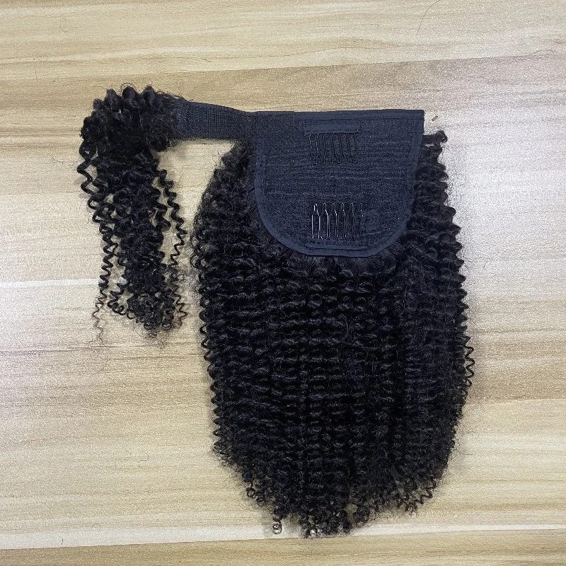 

10-22 Inch Afro Kinky Curly Wrap Around Ponytail 100% Human Hair Ponytail Extension For Women Mongolian Hair