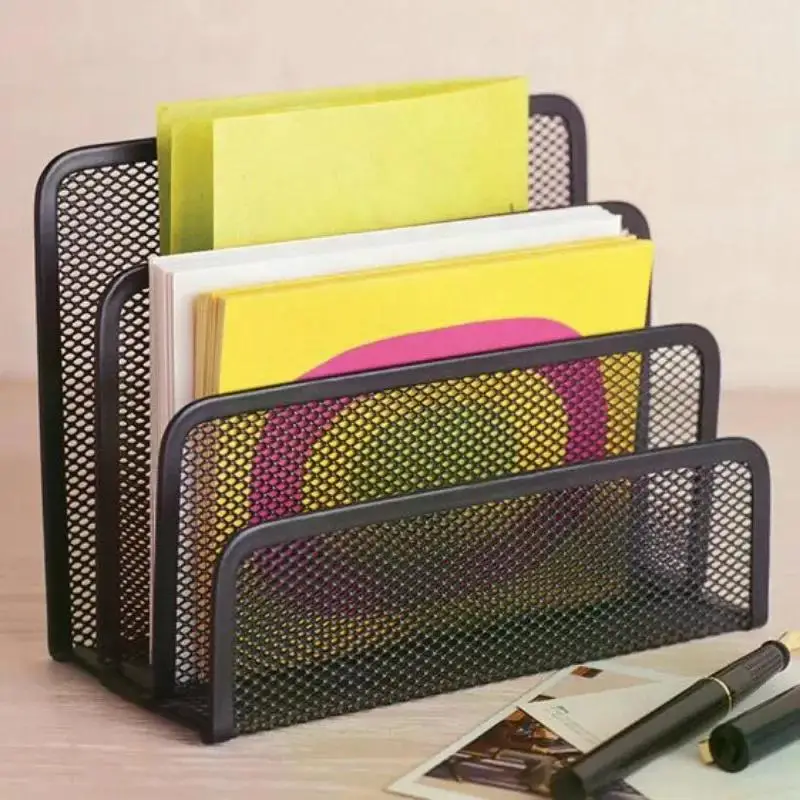 Mesh Desk Organizer Black Desktop Office Storage Grid Metal Business Card File Multifunctional Office Supplies Storage Rack