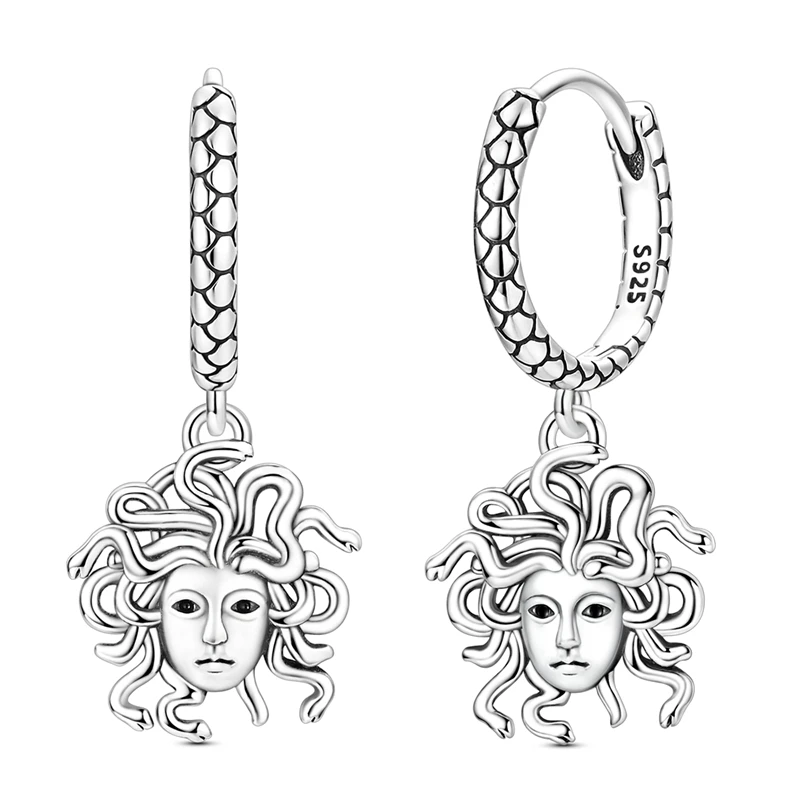 925 Sterling Silver Medusa Dangle Huggie Hoop Earrings Snake Scale Pattern Greek Mythology Drop Earrings for Women Jewelry Gift