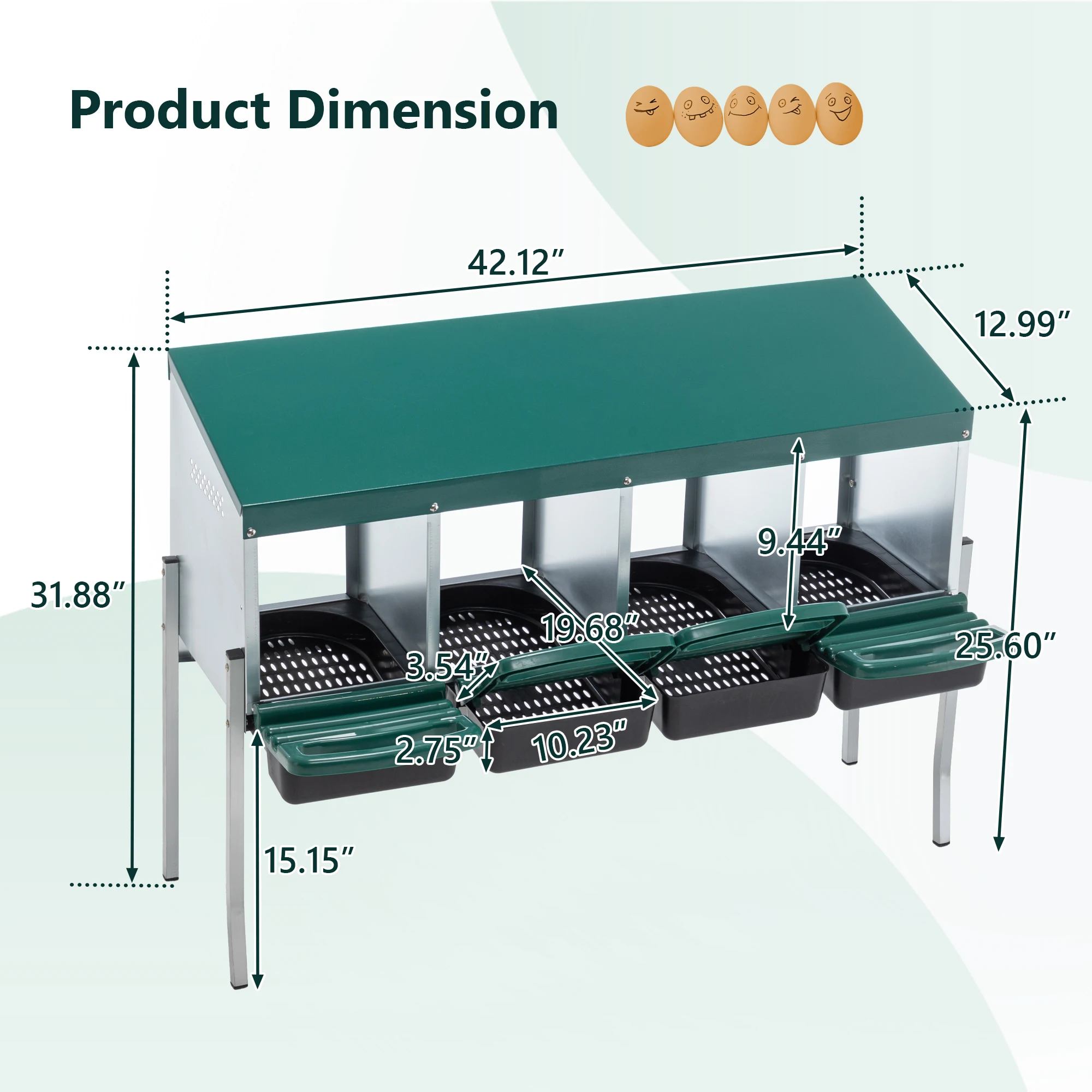 4 Hole Heavy Duty Galvanized Steel Chicken Nesting Box with Legs Cover and Rollaway Egg Tray for Outdoor Poultry Coop Green
