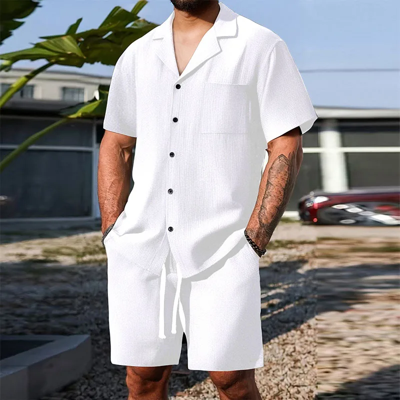 

New Men's Summer Casual Sport 2 Piece Sets Fashion Short Sleeve Shirt and Shorts Suit Breathable Men Loose Sport Shirt Outfits