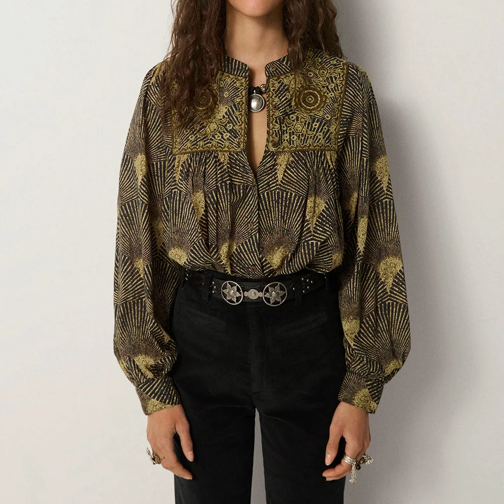 

Рубашка с вышивкой и принтом, женская весенне-осенняя дизайнерская рубашка с круглым вырезом и пышными рукавами, винтажные рубашки, топы, женские элегантные блузки, уличная одежда