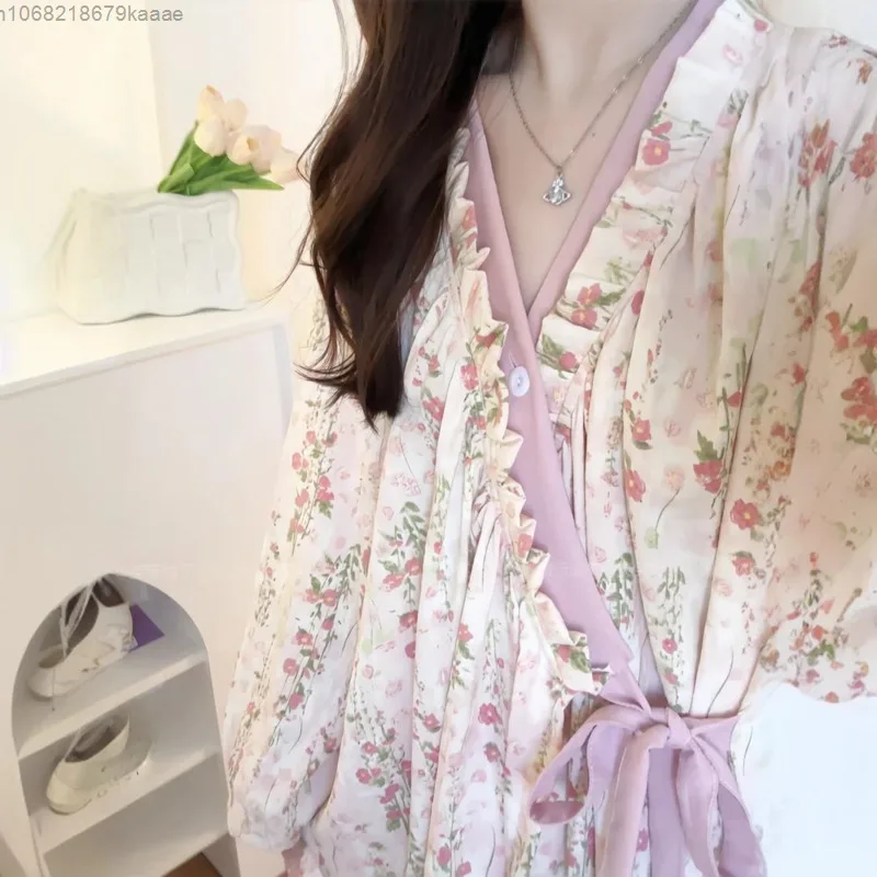 Spring And Autumn New Style Sleeping Robe For Women Korean Style Sweet Cute Cherry Blossom Print Nightwear Y2k Girl Home Pajamas