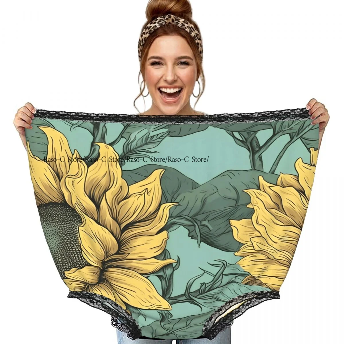 Party Funny Trick Granny Underwear Humorous Daily Wear Sunflowers Hand Drawn Illustration Panties