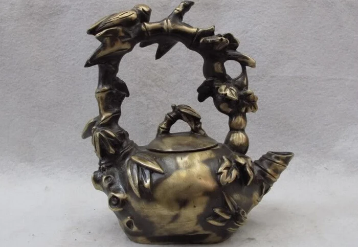 Chinese Folk Classic Bronze Copper Feng Shui Bamboo Cicada teapot Ti Liang pot