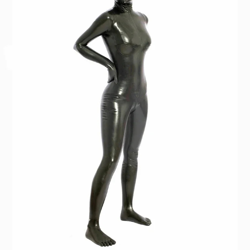 Sexy Latex Catsuit Five Finger Toe Socks Rubber Bodysuits with Back Zip Men Women Fetish Coverall with 3D Breast No Hood JS6452