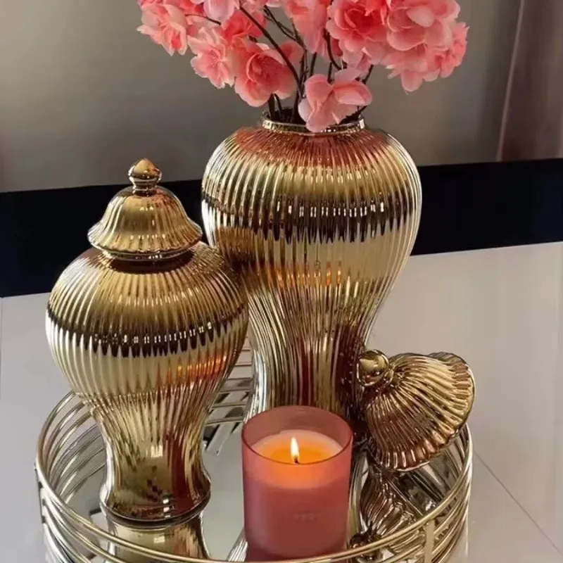 Gold Silver Ginger Decoration Home Ceramic Jar Decoration Gold Line Vase Set Home Decoration