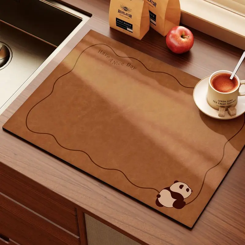 VIKAMA Brown Coffee Wave Cute Panda HOME Kitchen Drainage Pad, Anti-Slip Coffee Machine Tableware, Protective Pad