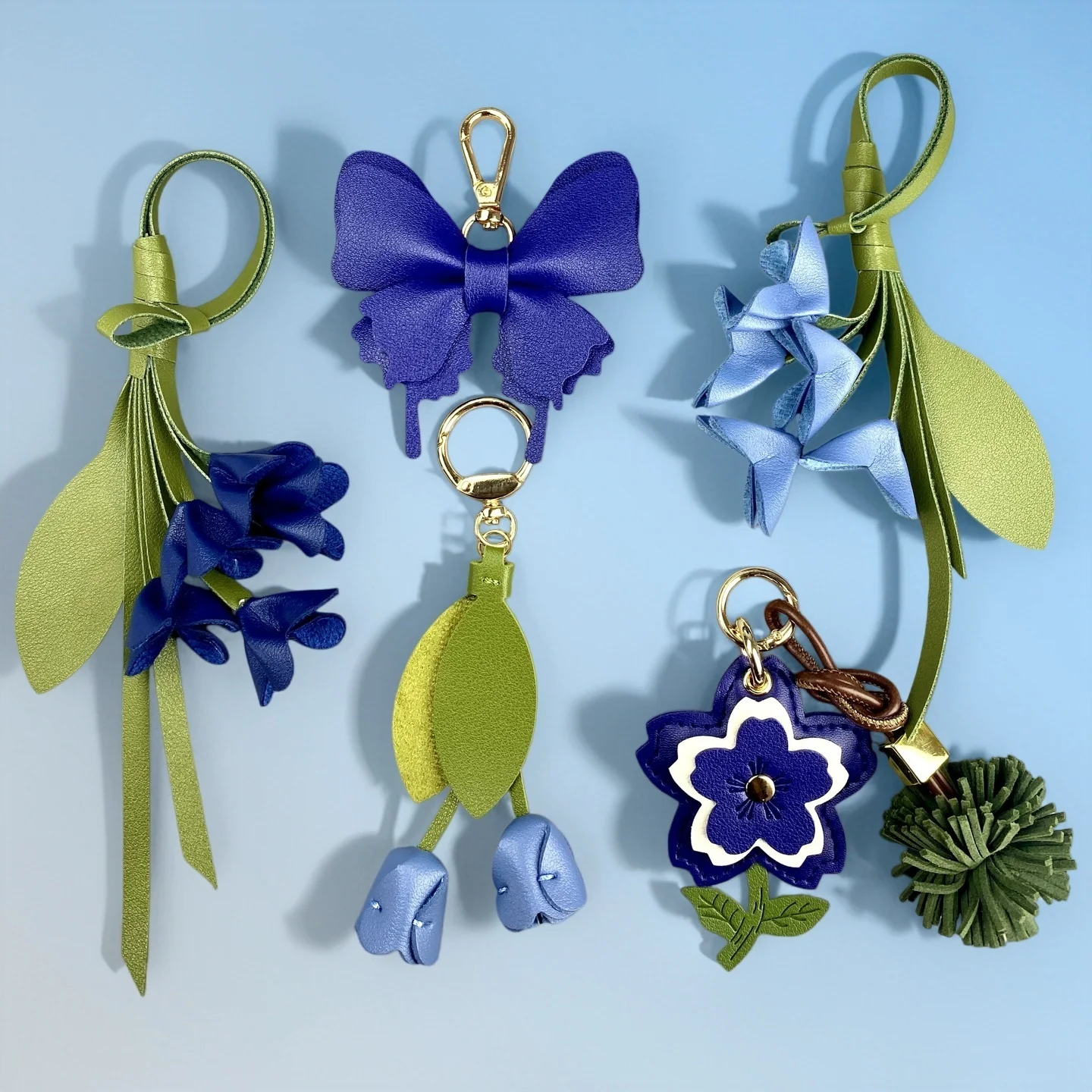 Serene Blue Floral Keychain Set for Bags, Tulip, Cherry Blossom, Osmanthus Butterfly, Nature-Inspired Purse Decor for Women