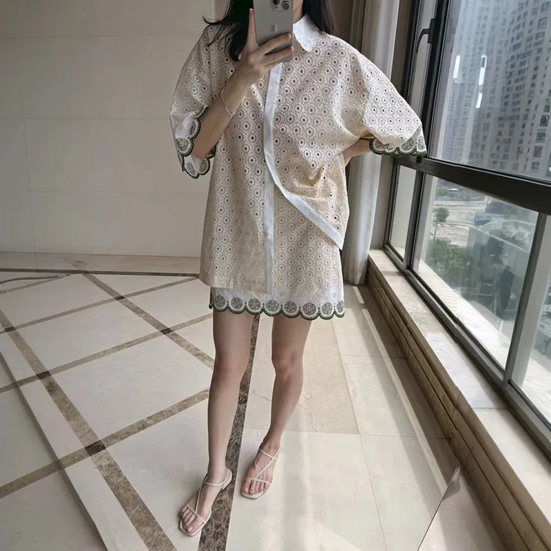 Women 2024 Early Autumn Hollow Embroidery New Chinese Style Semi-Round Cuffs Shirt/Same Style Skirt