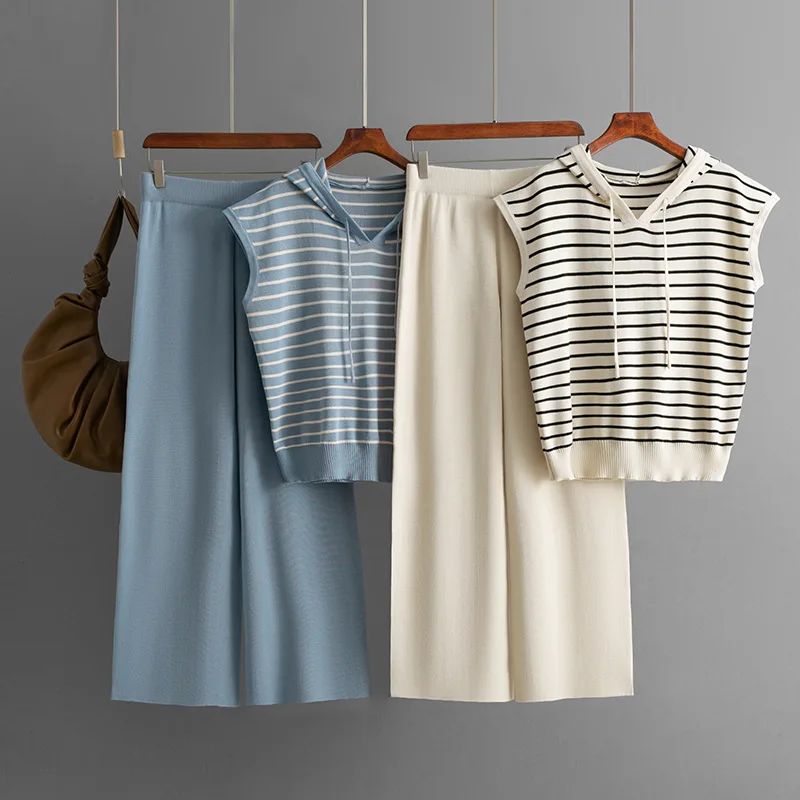 

Fashion striped Sleeveless Lace-up knit hooded pullover+elastic high waist wide leg pants 2-piece set Woman Casual Suit Summer