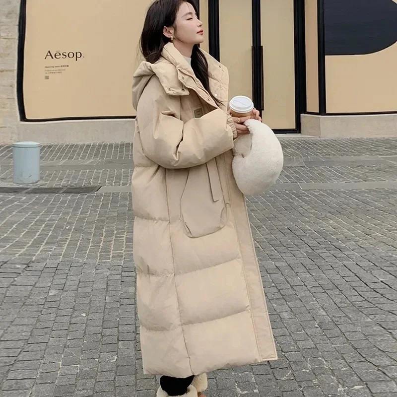 2025, lässige Daunen-Baumwolljacke für Damen, solide Langarm-Outwear, mit Kapuze, X-lange Parkas, Winter-Pufferjacke, dicker, warmer Schneemantel