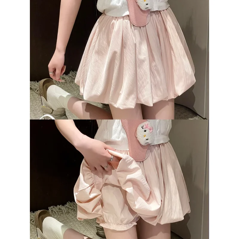 Women's Mini Skirt High Waist A-Line Slimming Summer Skirt Women with Built-in Shorts for Petite Pleated Puff Hem Pink