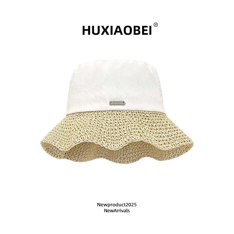 Simple Metal Label Splicing Straw Caps Women Show Face Small Summer Travel Fashionable Versatile Sunscreen Sweet Bucket Hats