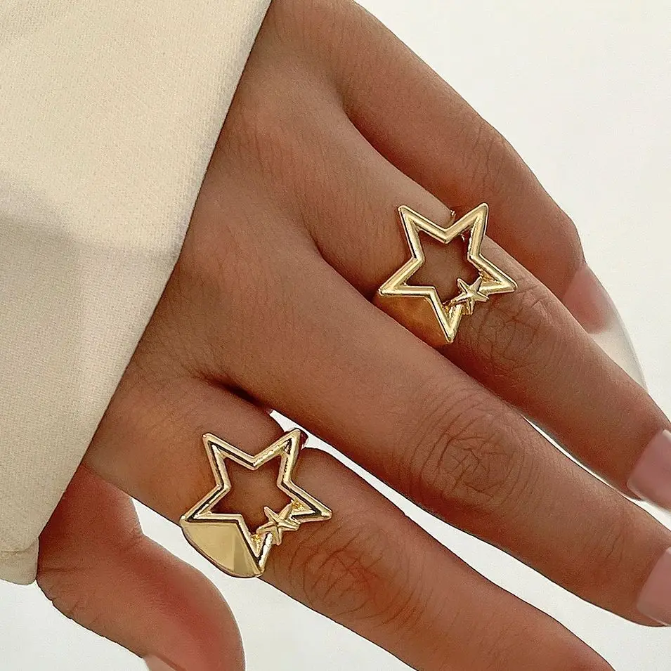 

Lacteo Bohemia 2Pcs/Set Gold Color Star Shaped Hollow Rings Trendy Adjustable Smooth Curved Rings Women Jewelry Accessories