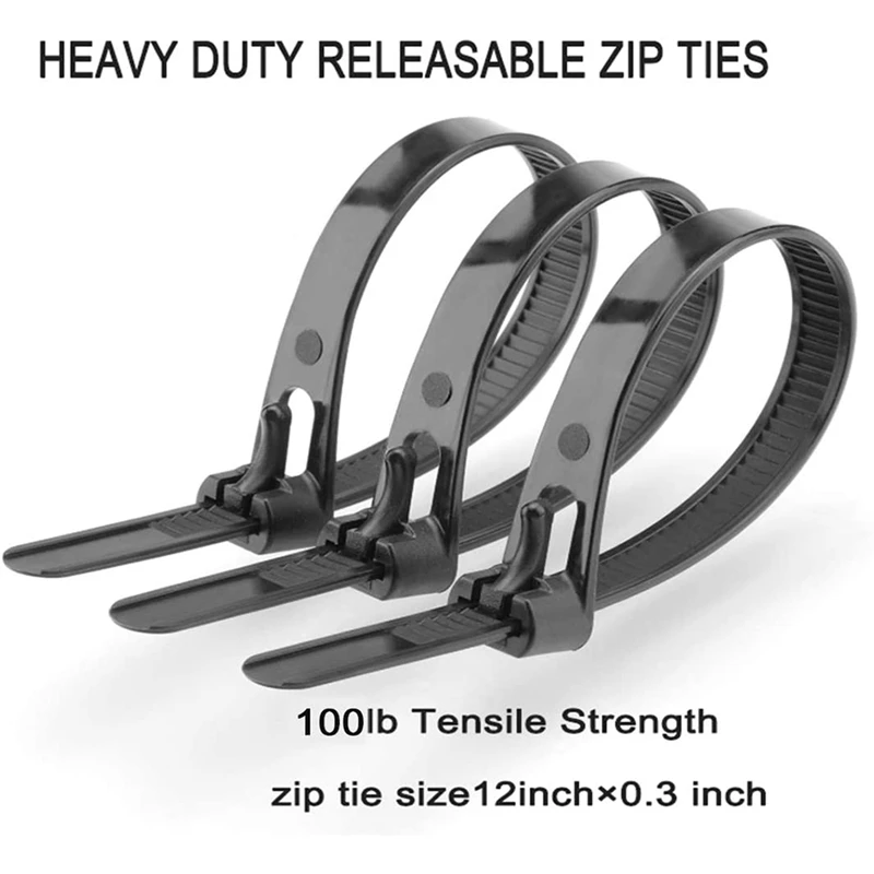 Releasable Zip Ties 12Inch Heavy Duty Zip Tie Thick Black Cable Ties 100Lb Tensile Strength Nylon Cable Wire Ties 100Pcs