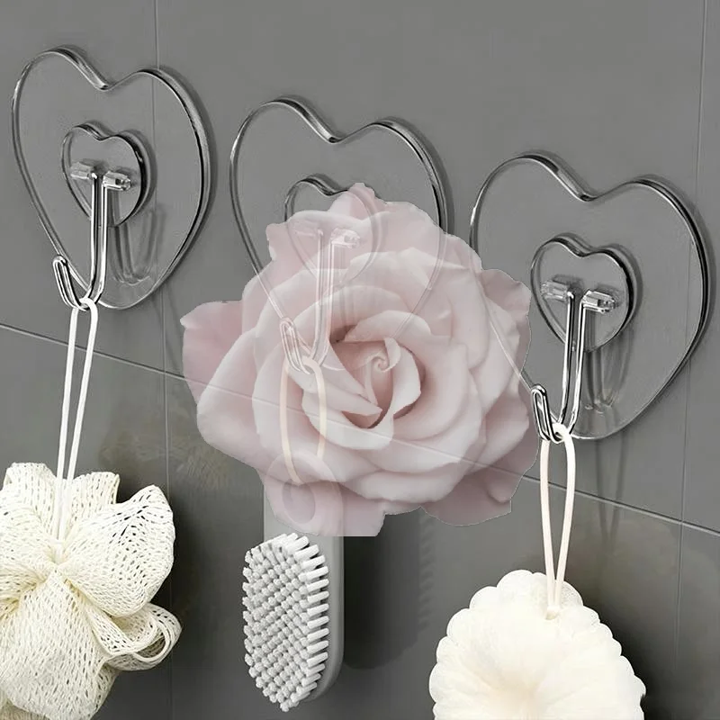 Popular Heart Shape Transparent Adhesive Hooks 20/40/60Pcs Non Punching Plastic Hangers for Holiday Home Wedding Decoration