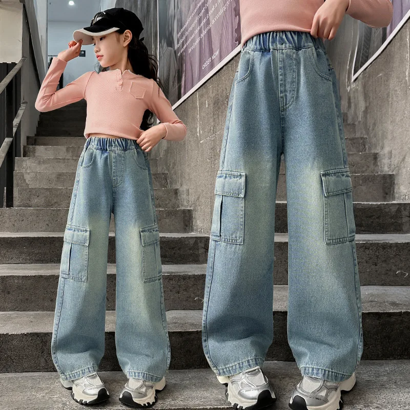 Girls Camouflage Overalls 2026 Spring New Trendy Fried Street Dance Children's Jazz Wide Leg Pants 4 6 8 10 12 14 Years