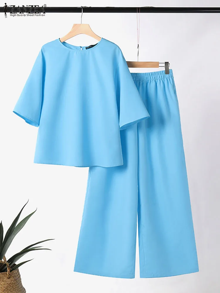 ZANZEA Summer Casual Suit Women Outfits 2pcs O Neck 3/4 Sleeve Tops Wide Leg Trousers Elegant OL Work Pant Sets Tracksuits