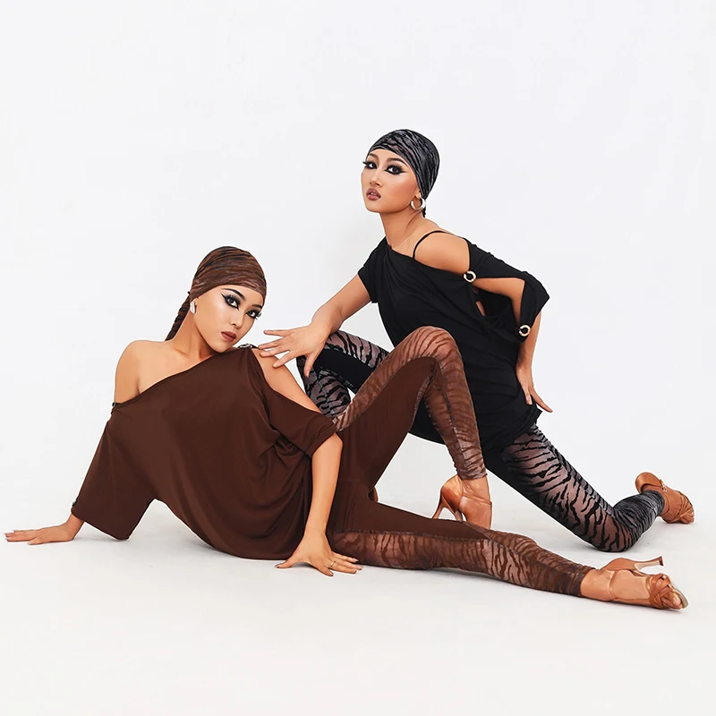 2025 nouveaux tenues de pratique de danse latine épaule inclinée bouton rond en métal sweat à capuche pantalons serrés ensembles vêtements de danse latine