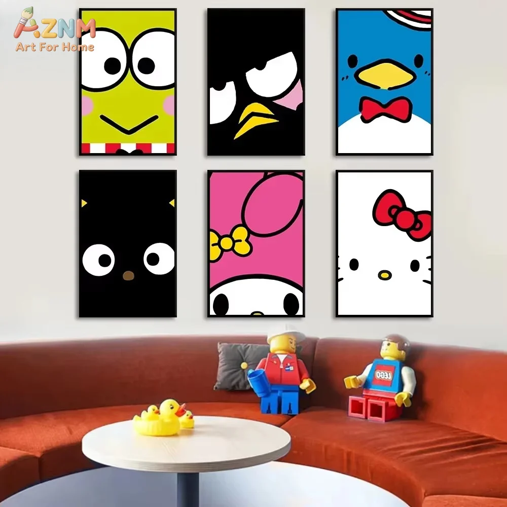 AZNM Sanrio Minimalist Face Canvas Print Frameless Wall Art Hello Kitty Keroppi Badtz-maru Cute Cartoon Poster Kids Home Decor P