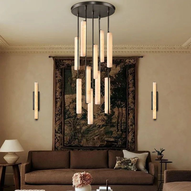 Luxury Spanish Marble Chandelier Brass Hanging Light 3 Color Dimmable Pendant Lamp for Villa Living Room Dining Area Hotel Lobby