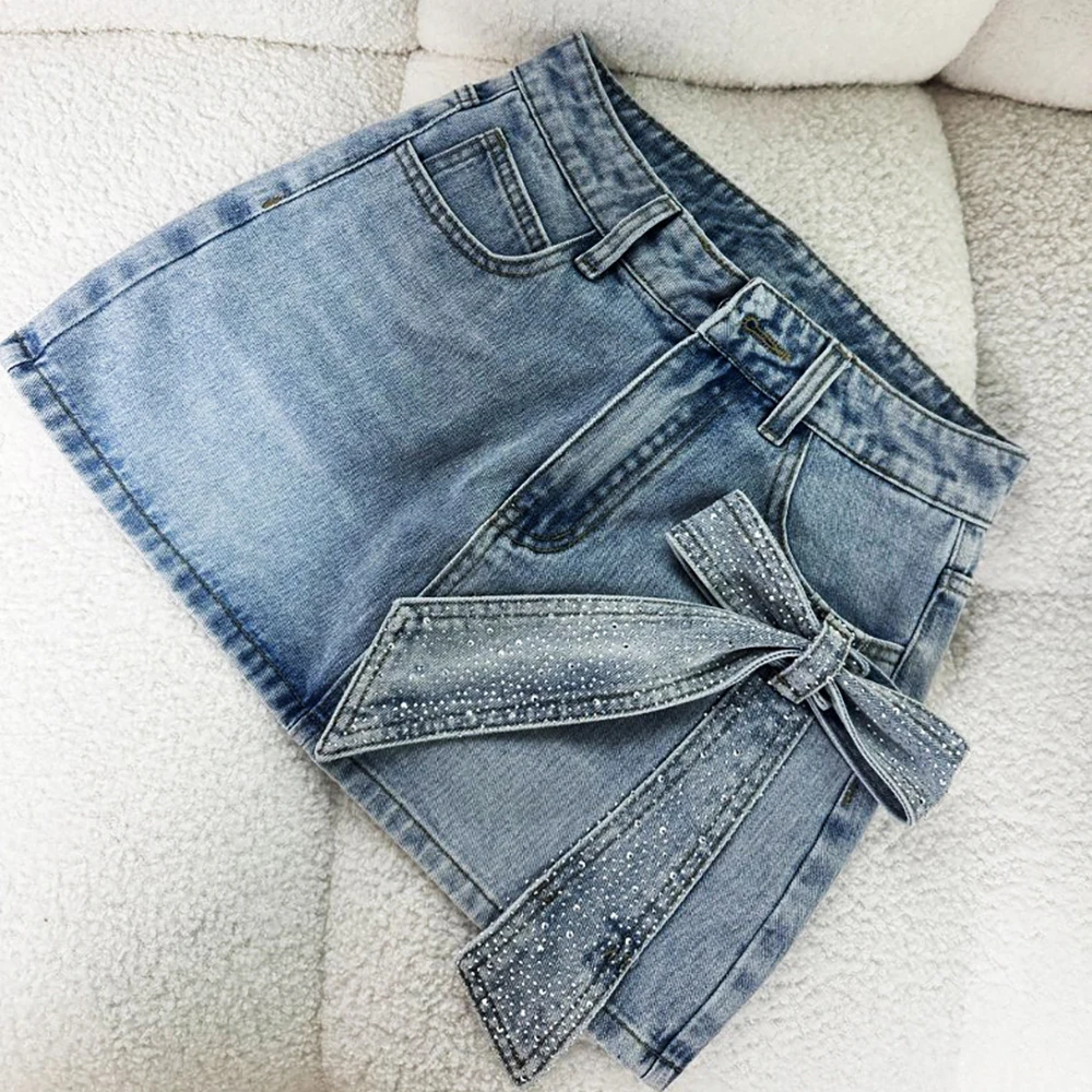 Diamonds Bow Mini Denim Skirts for Women Summer 2026 New High Waist A-Line Slim Short Skirt Y2K Streetwear Blue Jean Skirt