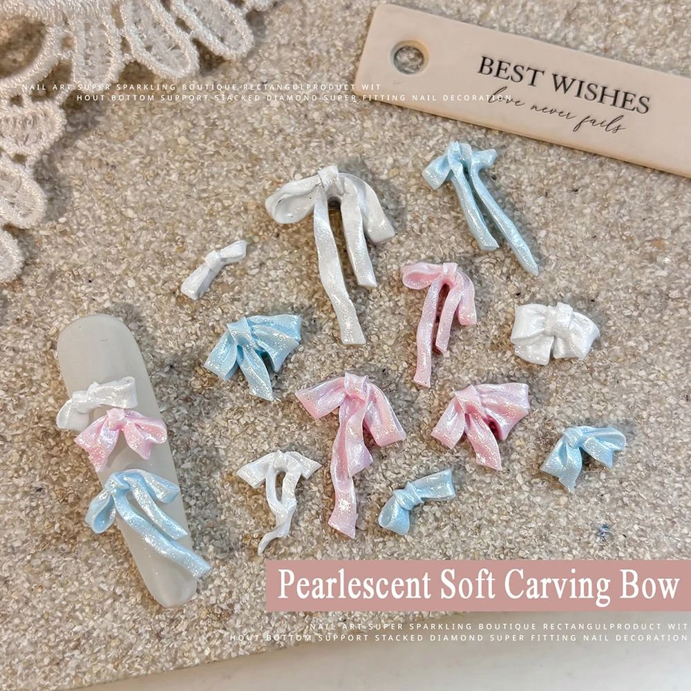 50Pcs Pearlesent Soft Craving Bow Nail Art Charms Mixed Color Bowknot Ribbon Nail Art Rhinestones DIY Craft Manicure Decorations