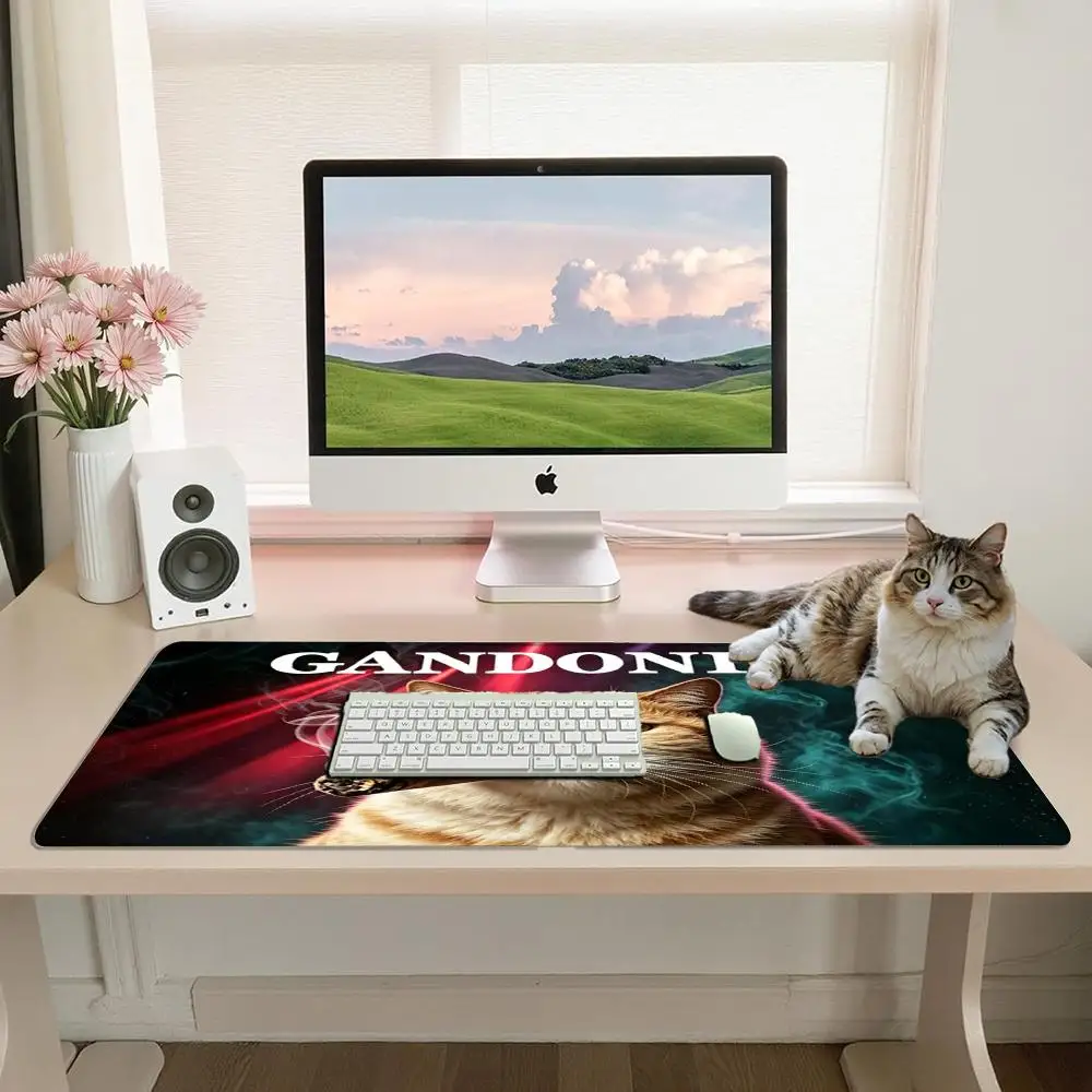 Chubby Orange Cat Cigar TCG Playmat Neon Smoke Stage Light Cool Funny Art Premium Rubber Large Gaming Desk Mat Decor Gift