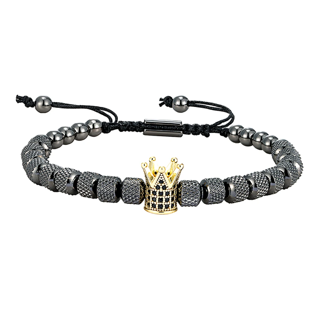 Punk Herren Perlenarmband Verstellbarer Schwarzer Charm-Armreif mit Krone/Totenkopf/Wolfkopf Hip-Hop-Schmuck für Tägliches Tragen Geschenk für Ihn