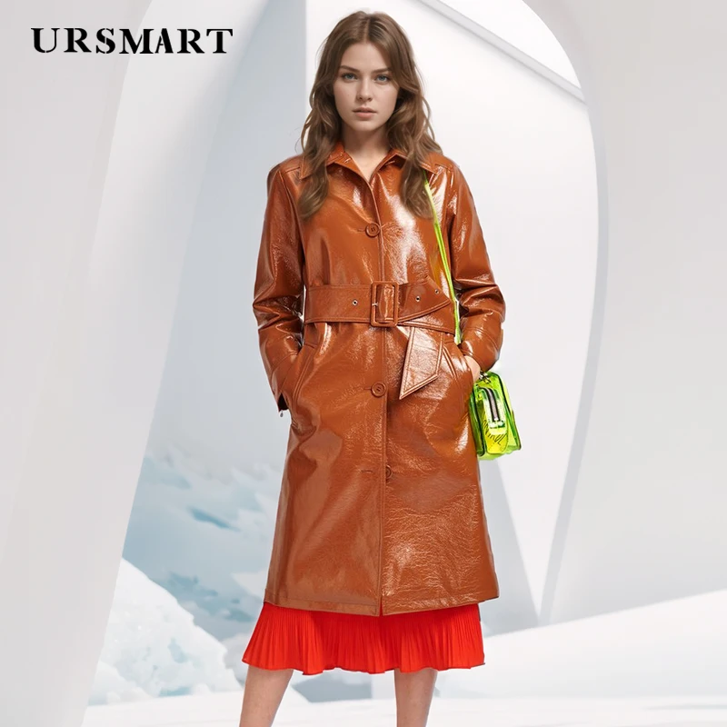 Women’s  Leather Trench Coat Single-Breasted Turn-Down Collar Wide Belt High-Quality Stylish leather jacket