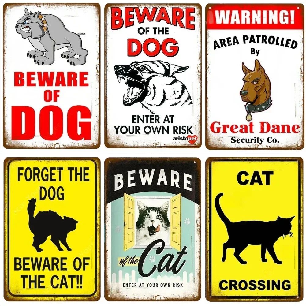 Warning Danger Metal Aluminum Signs Beware Of The Dog Cat Poster Vintage Wall Plaque Courtyard Garden Bar House Man Cave Decor