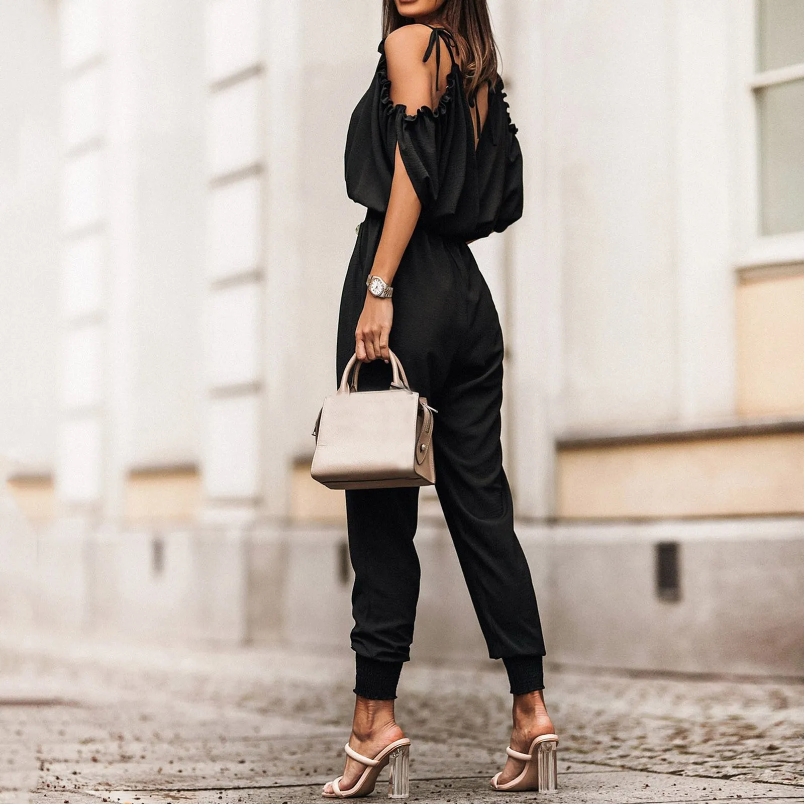 Dames Lente Herfst Sexy Diepe V-Hals Jumpsuit Mode Zak Elastische Taille Off The Shoulder Dames Casual Leggings Jumpsuit