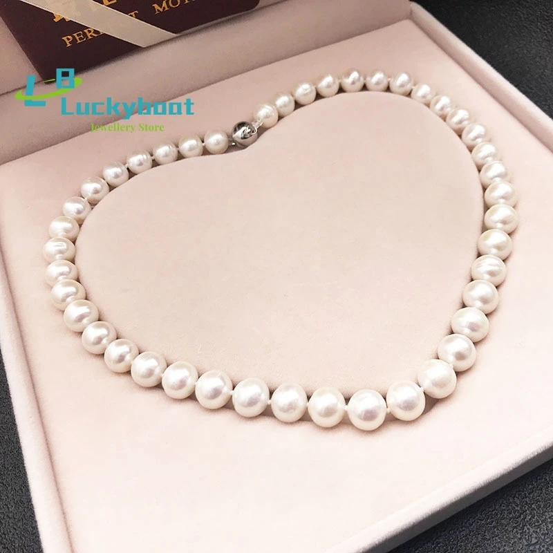 

Fashion Natural White Freshwater Pearl Beads Necklace Bright Near round Pearl Choker Necklace Mother's Gift +Gift Box Wholesale