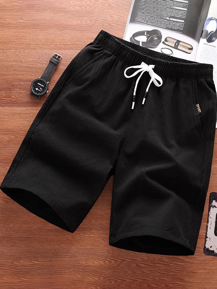 

Летние мужские шорты из хлопка и льна, свободные, тонкие, спортивные, пятиточечные, пляжные, повседневные, в корейском стиле, универсальные, из чистого хлопка, модные