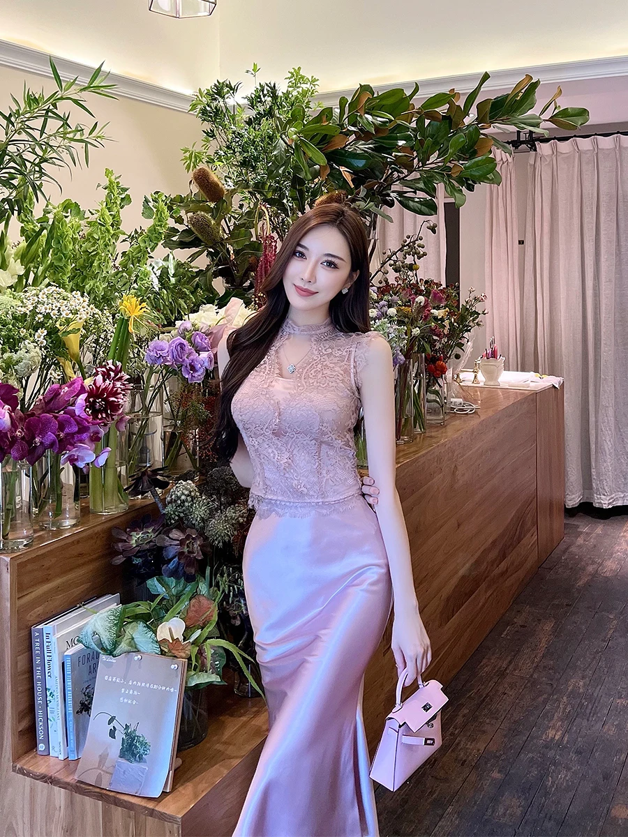 

Комплект из облегающего топа с кружевом и юбки с высокой талией и шлейфом, женский летний повседневный наряд в корейском стиле Pure Desire Sle