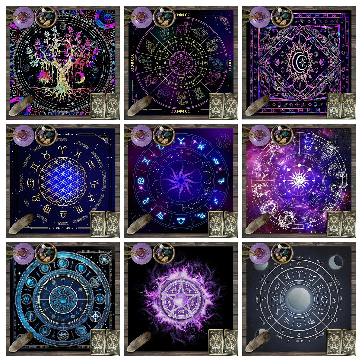 50/75/110/137cm Tarot Tablecloth Mysterious Starry Sky Tree of Life Tarot Game Polyester Card Table Mat Wet Altar Tablecloth