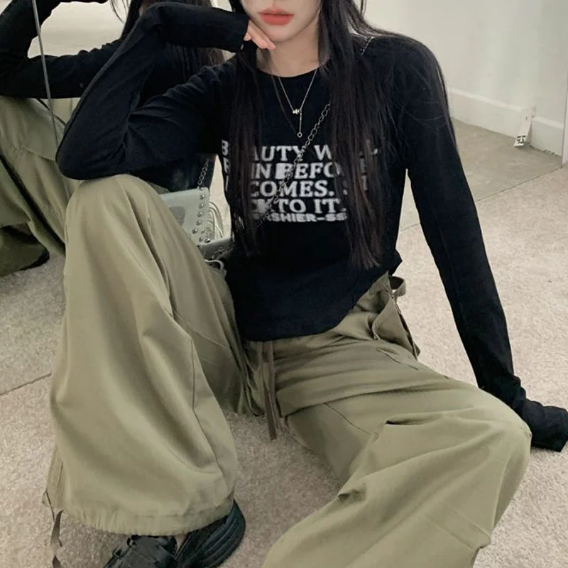 Crop Tops for Women Korean Aesthetic Y2K Harajuku Streetwear Irregular Slim Casual Letter Print Long Sleeve T-shirt Clothes 2023