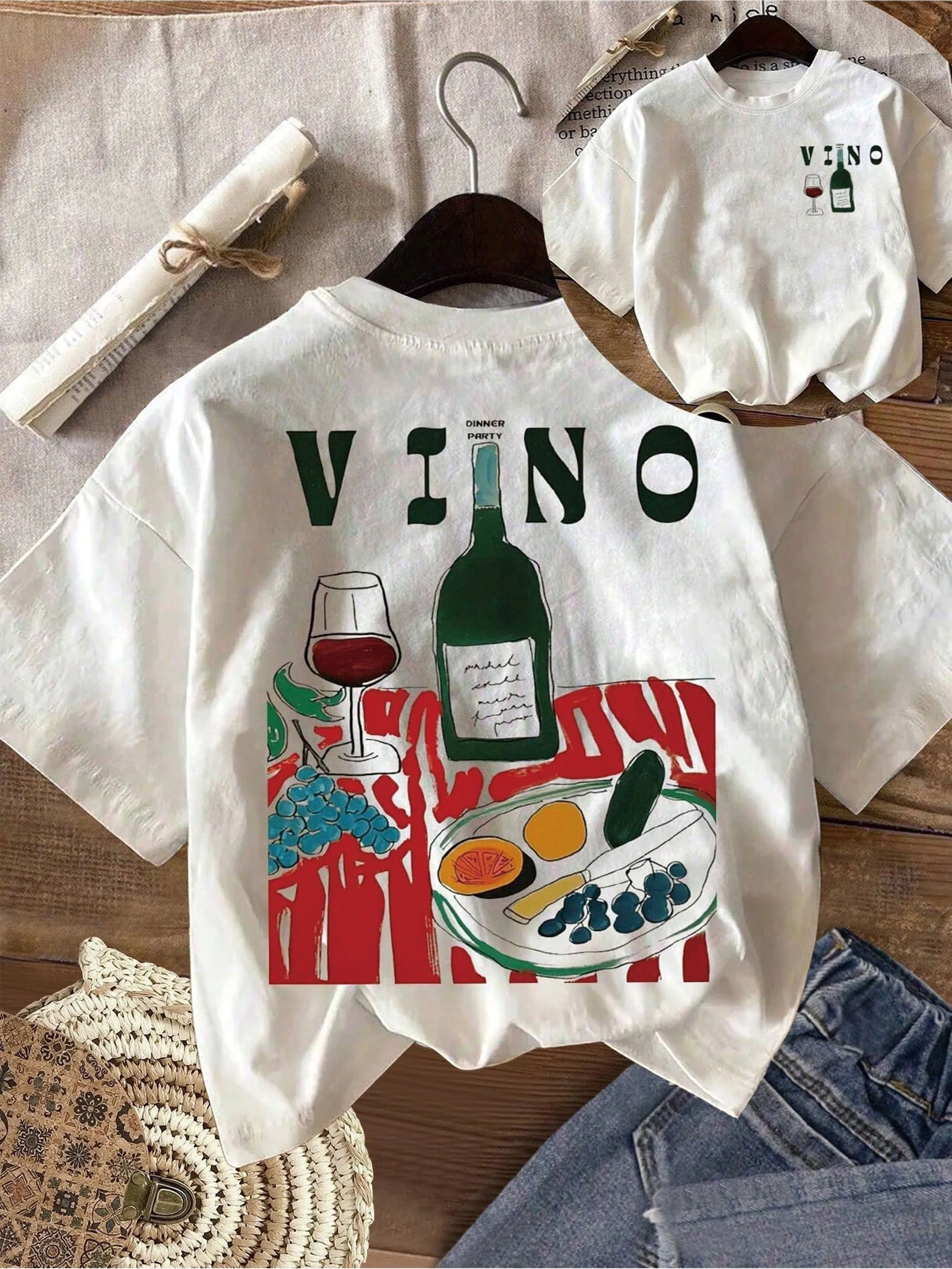 Women' Beer & Food Print T-Shirt Suitable for - Short Sleeve Top with FrontBack Double-Sided Beer Mug & Food Patterns