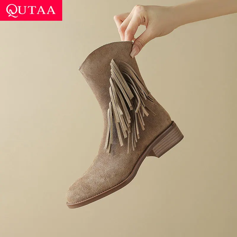 

QUTAA 2026 Fashion Cow Suede Women Ankle Boots Autumn Tassel Shoes Mid Heels Round Toe Casual Lady Winter Short Boots 34-43