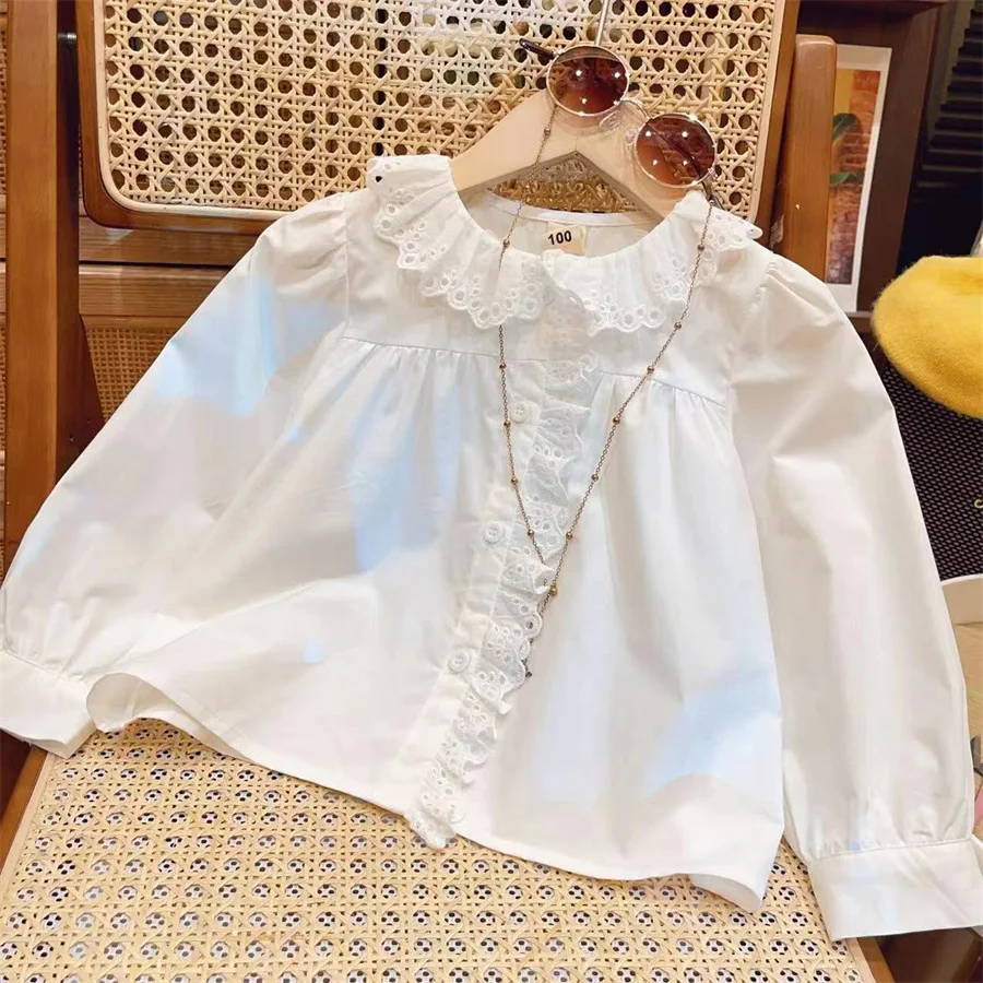 

New White Shirt 2024 Girls Spring New Sweet Doll Shirt Temperament Top Spring and Autumn Shirt White Blouse for Girls